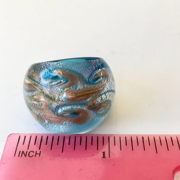 Murano Style Glass Dome Cocktail Ring Size 7 Aqua Blue Metallic - Picture 11 of 12